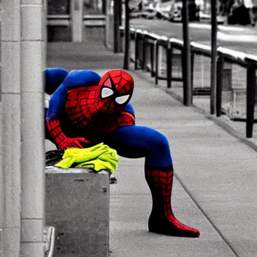Image similar to fine art photography : spiderman caught homeless