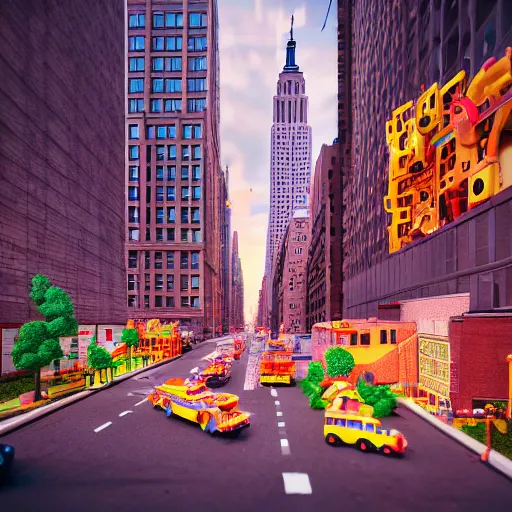 Image similar to ( ( new york ) ) made of kid's toys!!!!, by aaron slim, amazing details, atmospheric, 8 k, aesthetic octane render, street view, warm hue's