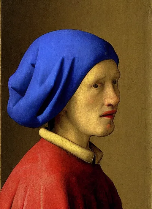 Image similar to red hat, medieval painting by jan van eyck, johannes vermeer