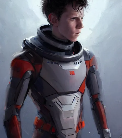 Prompt: portrait of tom holland by greg rutkowski, he is about 3 0 years old, short black hair with bangs, scared and incredulous, very tall and slender, he is wearing futuristic space gear, highly detailed portrait, digital painting, artstation, concept art, smooth, sharp foccus ilustration, artstation hq