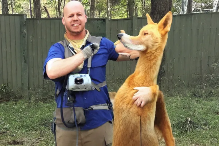 Image similar to anthropomorphic dingo man at his wolf job, day one