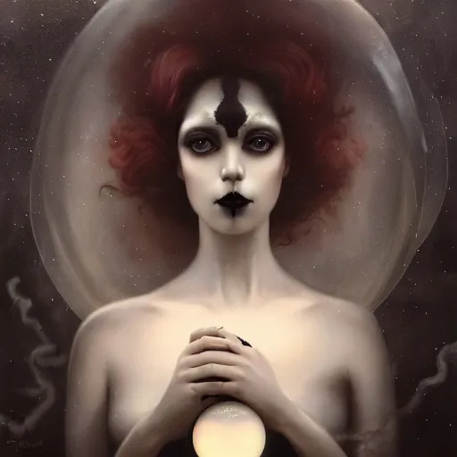 Prompt: By Tom Bagshaw, ultra realist soft painting of a curiosities carnival gigantic transparent glass sphere by night, very beautiful female dollpunk in full gothic dress, symmetry accurate features, very intricate details, omnious sky, black and white, volumetric light clouds