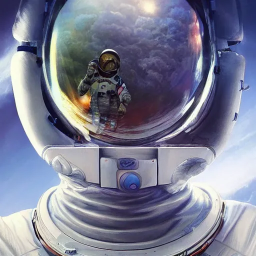 Image similar to minimalistic, hyperrealistic surrealism, award winning masterpiece with incredible details, epic stunning, close up of an astronaut falling into alternative reality with thousands of shattered mirrors, a surreal vaporwave liminal space, highly detailed, trending on ArtStation, artgerm, wlop, Andrei Riabovitchev, Marc Simonetti, yoshitaka Amano, daily deviation, IAMAG