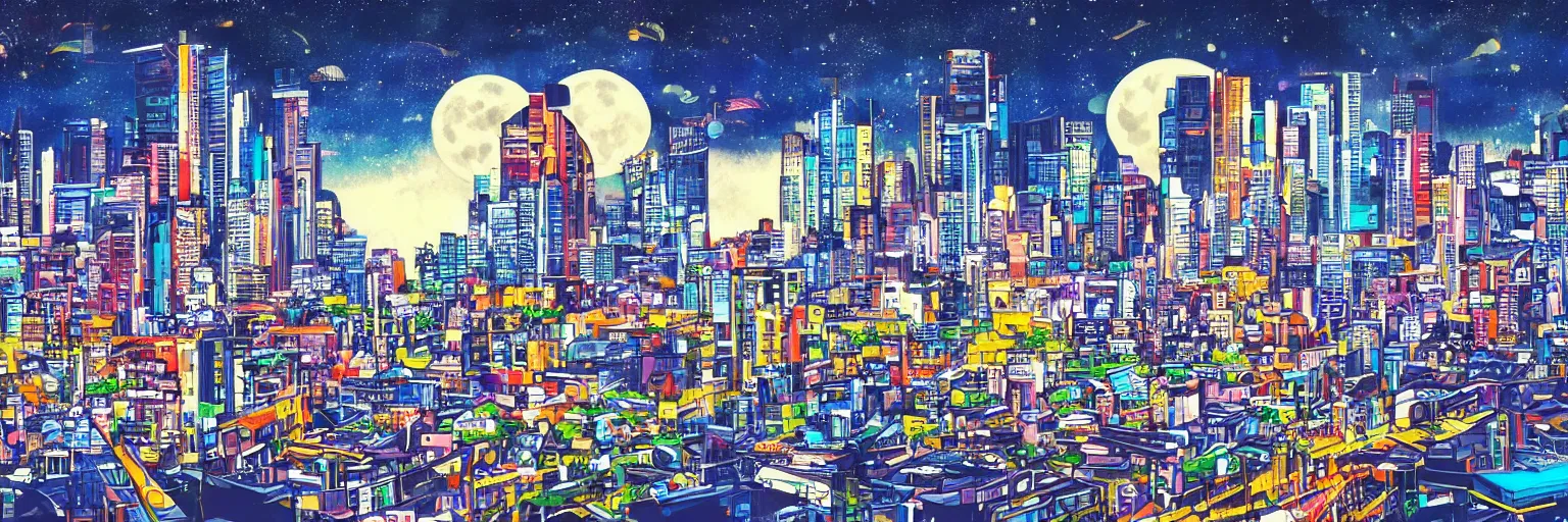 Image similar to wild cityscape, made in tokyo artstyle, colorful, there is a moon in the sky, it is daytime