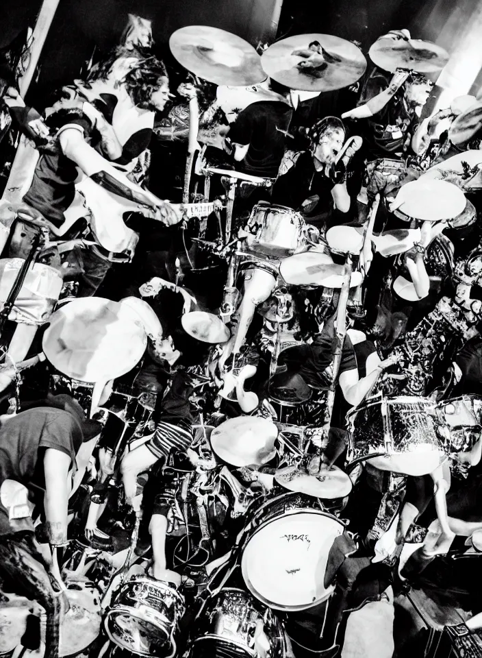 Image similar to a black and white photograph of a hardcore punk band of humanoid opossums playing drums and guitars in a rowdy concert, art photography by Edward Colver