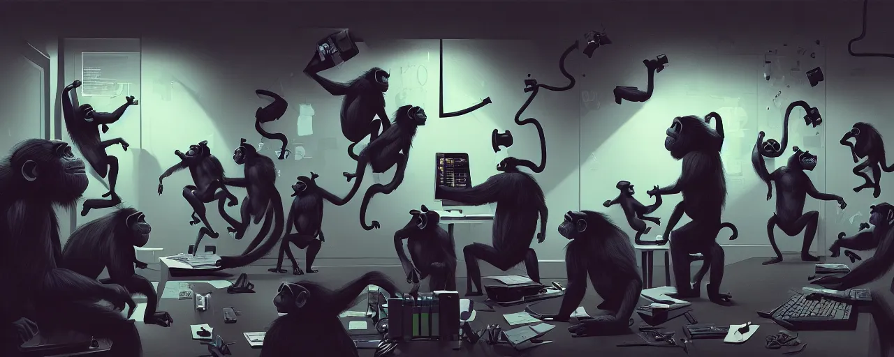 Image similar to duotone noir concept illustration of group wild and crazy chimps ruining inside of modern office computer rooms, octane render, concept hideo kojima surreal atmosphere, volumentric lighting. cosmic horror. accidental renaissance. by sachin teng and sergey kolesov and ruan jia and heng z. graffiti art, scifi, fantasy, hyper detailed. trending on artstation