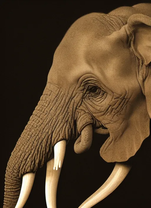 Image similar to portrait of an elephant with translucent skin, visible muscles and veins and arteries and bones and spines and nerves, beautiful detailed intricate insanely detailed octane render, 8k artistic photography, photorealistic, chiaroscuro, by David Cronenberg, Raphael, Caravaggio