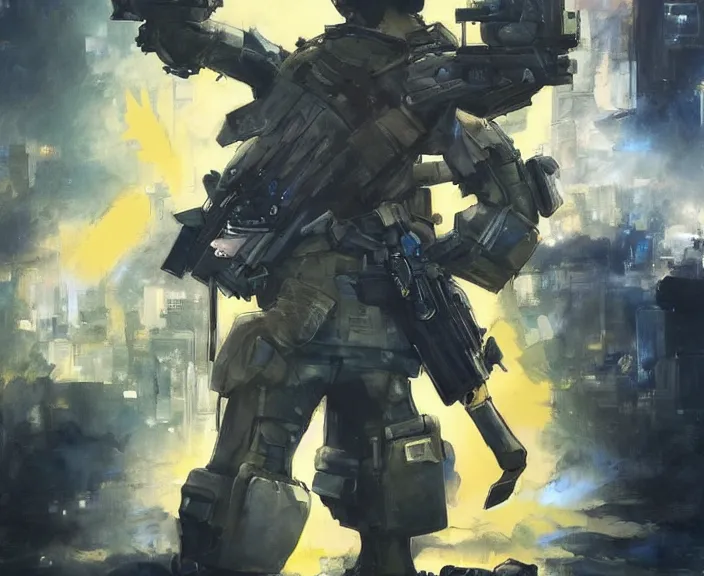 Prompt: detective pikachu from pokemon wearing metal gear armor holding gun dramatic lighting art by brandon anschultz by yoji shinkawa by richard schmid by greg rutkowski by sandra chevrier by jeremy lipking cinematic dramatic brush strokes background