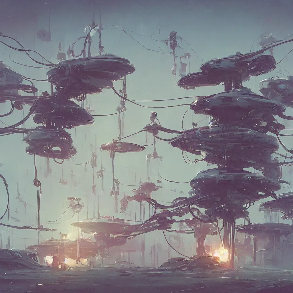 Image similar to mechanical starship with long tendrils, lots of hanging cables and wires, messy cords, sci - fi concept art, by john harris, by simon stalenhag, stunning, award winning