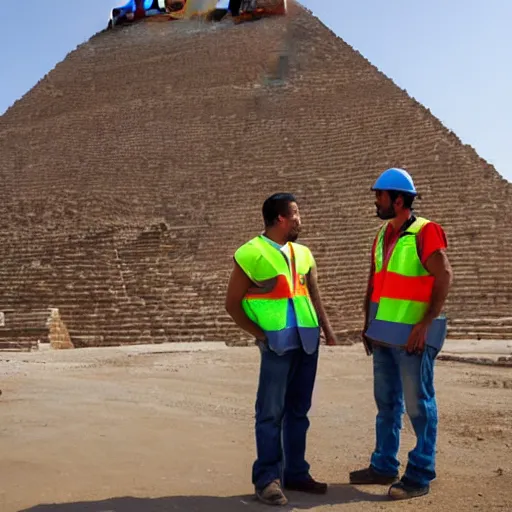 Image similar to a photograph of an egyptian engineer and a construction worker talking infront of a half constructed pyramid, dslr, high resolution