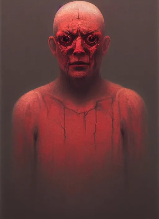 Prompt: lord loss, king of sorrow, book portrait, pale red, lumpy skin, he has very dark - round red sad eyes with even darker red pupils. tiny cracks in skin seep, symmetric lights and fog, in the style of zdzislaw beksinski, glowing light and shadow, hyperrealist, 8 k