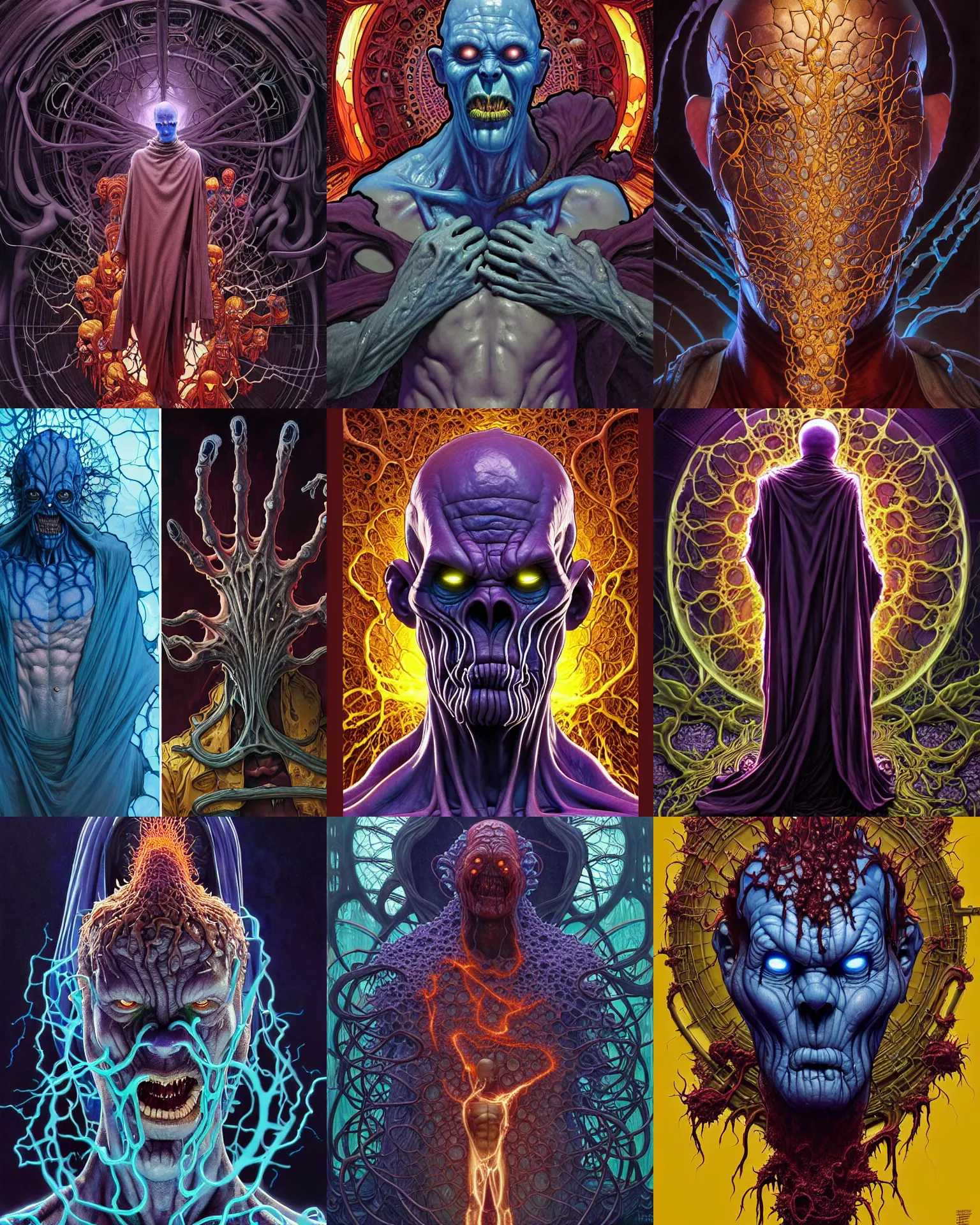 Prompt: the platonic ideal of slime mold monk of cletus kasady ultimate carnage thanos dementor doctor manhattan chtulu nazgul, detailed, intricate, hyperrealism, intense, scary, decay, dmt, art by brock hofer and artgerm and greg rutkowski and alphonse mucha
