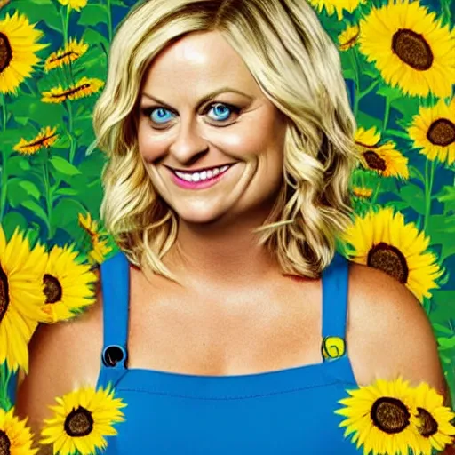 Prompt: a mural of Amy poehler as Leslie knope in a meadow of beautiful sunflowers —width 480 —height 270