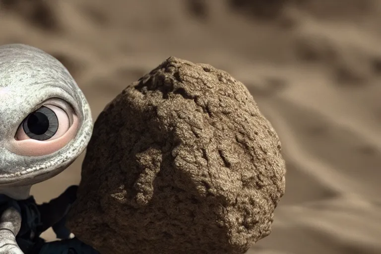 Image similar to vfx movie scene closeup adorable tiny little baby alien creature in moon desert eating a rock. by emmanuel lubezki