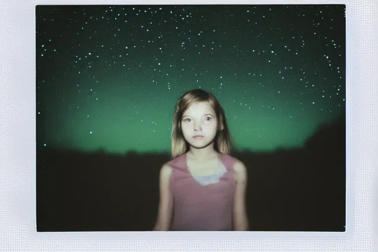Prompt: blured girl on night vision, focused background night sky with stars, polaroid photo