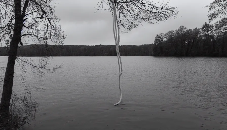 Image similar to photograph of an infinitely long rope floating on the surface of the water, the rope is snaking from the foreground towards the center of the lake, a dark lake on a cloudy day, trees in the background, moody scene, anamorphic lens, kodak color film stock