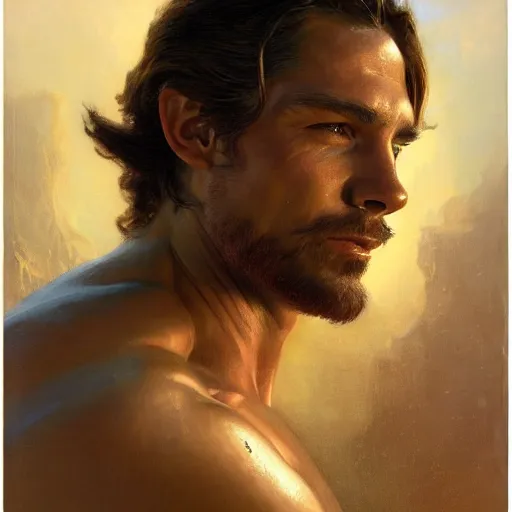Prompt: handsome portrait of young mccree posing with glistening muscles, war hero, toned, radiant light, caustics, by gaston bussiere, bayard wu, greg rutkowski, giger, maxim verehin, alex grey