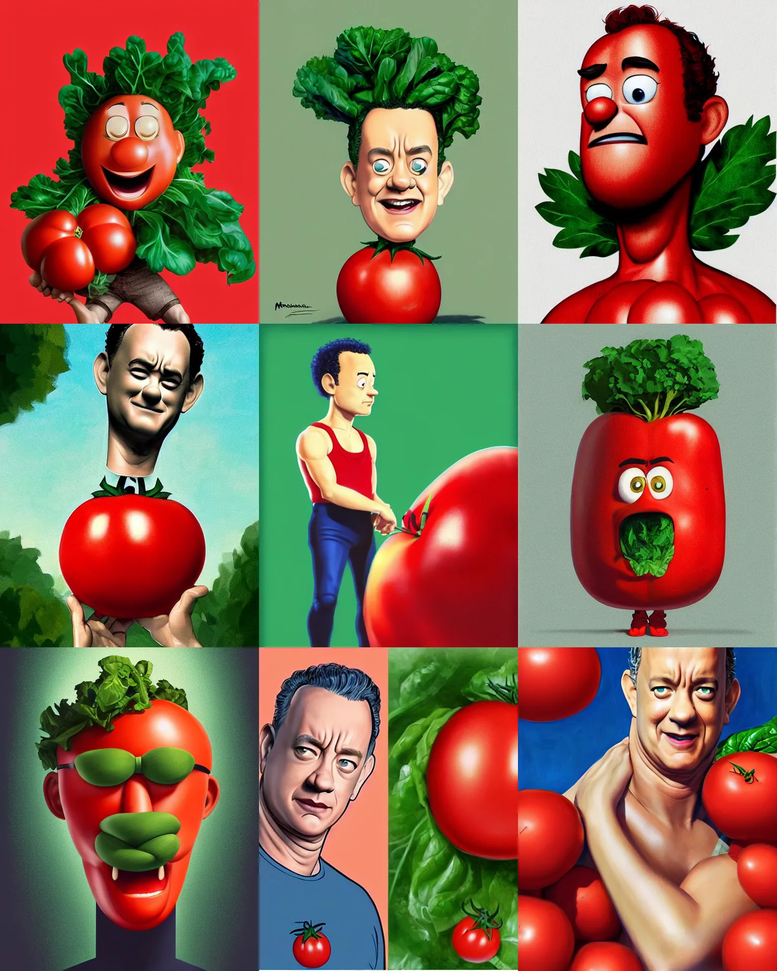 Prompt: tom hanks as tomato hanks mascot, his skin is red with leafy green hair, animation character, dramatic lighting, london fashion week, tom hanks tomato body, shaded lighting poster by magali villeneuve, artgerm, jeremy lipkin and michael garmash, rob rey and kentaro miura style, trending on art station