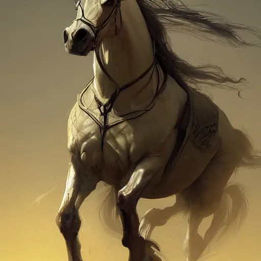 Image similar to a pale, yellowish horse. The one who rode him was called Death, and he was followed by the representative of the realm of death. , digital Art, Greg rutkowski Trending artstation