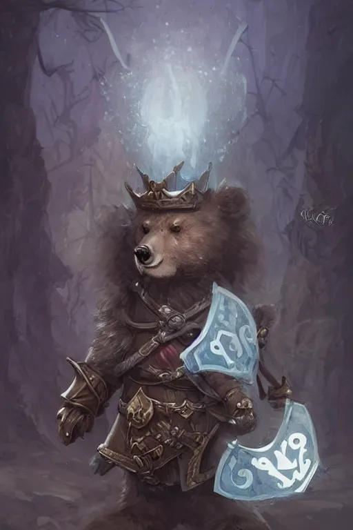 Image similar to cute little anthropomorphic bear knight wearing a cape and a crown, tiny, small, miniature bear, baby animal, short, pale blue armor, cute and adorable, pretty, beautiful, DnD character art portrait, matte fantasy painting, DeviantArt Artstation, by Jason Felix by Steve Argyle by Tyler Jacobson by Peter Mohrbacher, cinematic lighting