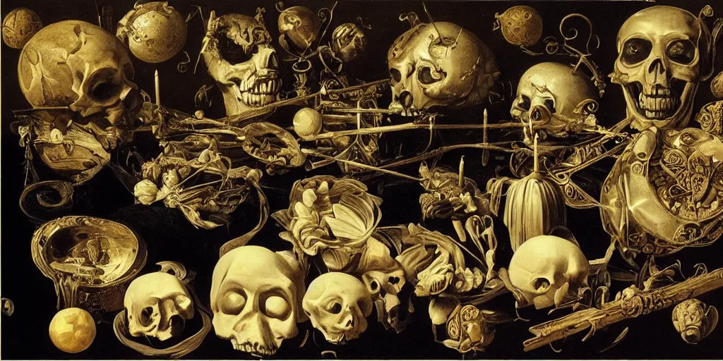 Prompt: memento mori, celestial bodies, ornate palace, masquerade balls, candles, musical instruments by caravaggio