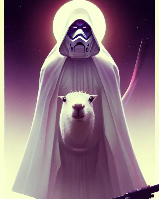 Prompt: a white capybara dressed as a sith lord, beautiful, agile, fairy, myth, legend, detailed, trending on artstation, light effects, kilian eng, john harris, bastien lecouffe - deharme