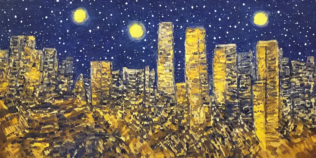 Image similar to stary night painting, norman foster tower, house, city