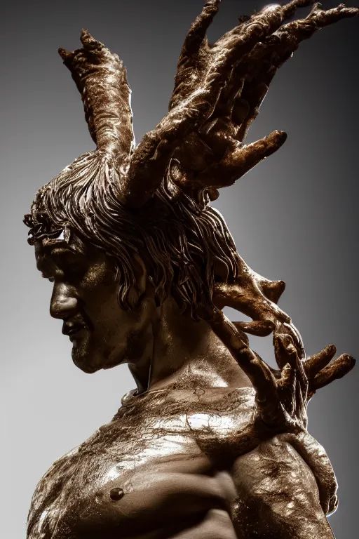 Prompt: a cinematic view of a ornated holy sacred faun statue made by black carrara marble using a old red silk veil and chrome ornaments made by hedi xandt, chris haas and bernini, realistic, macabre art, detailed image, photorealistic, volummetric light