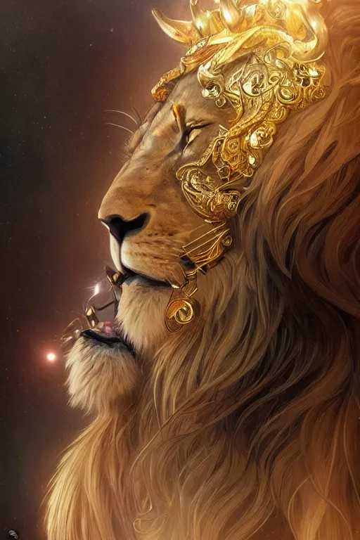 Image similar to a beautiful lion, gold jewellery, dnd, fantasy, intricate, elegant, highly detailed, digital painting, artstation, concept art, smooth, sharp focus, illustration, art by artgerm and greg rutkowski and alphonse mucha