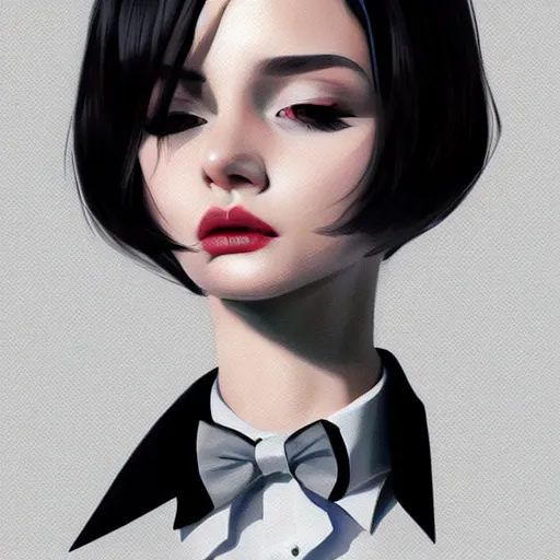 Image similar to slim girl in tuxedo with short black hair, elegant, 2d, ultra highly detailed, digital painting, smooth, sharp focus, artstation, portrait art by Ilya Kuvshinov