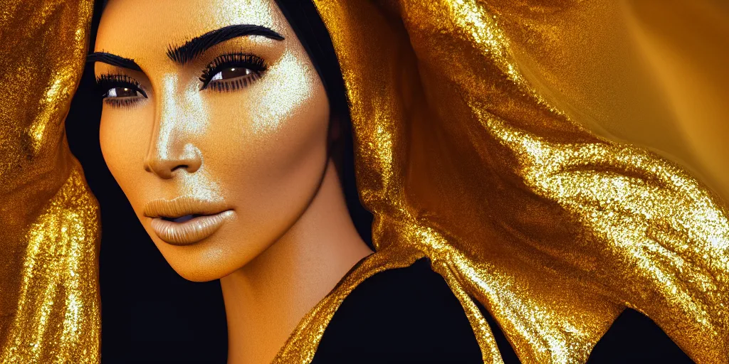 Image similar to macro portrait photograph of a glowing kim kardashian in a hood made of gold fabric at coachella, sparkling, ultra realistic, unreal 5 engine render, octane render, digital painting, smooth, elegant, pop art style, 8 k, 3 5 mm film grain,