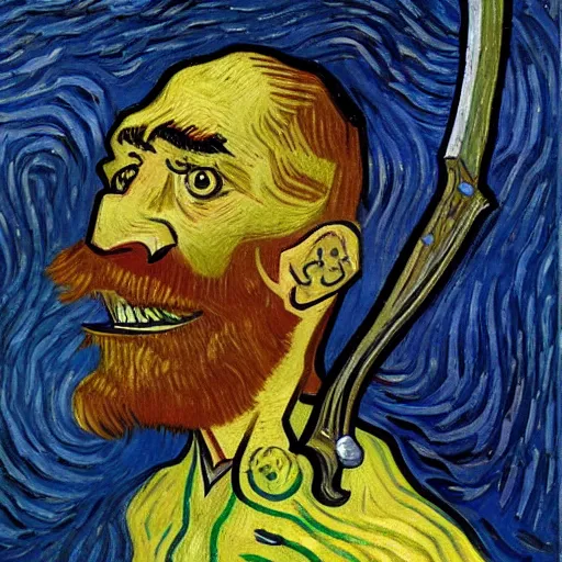 Image similar to person with a sword as its mouth, 4 k, 8 k, trending on artstation, award - winning art, illustrated by vincent van gogh