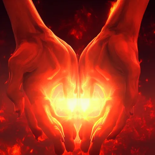 Prompt: two demonic hands hold the earth, flames in the background, artstation