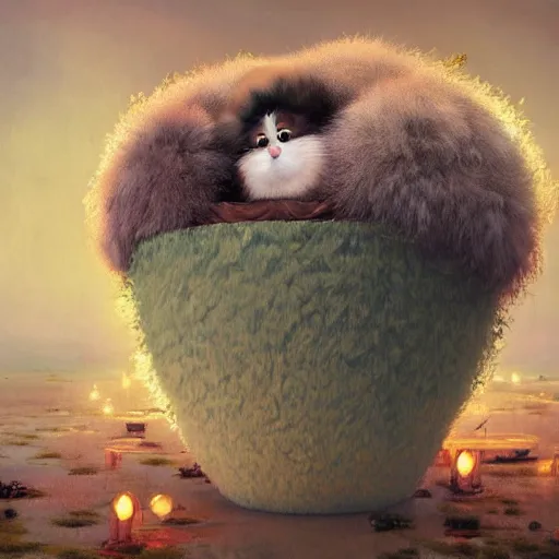 Image similar to long shot of a very fluffy fur chick nesting in a floral cup, esao andrews, by m. w. kaluta, humorous illustration, hyperrealistic, tilt shift, warm colors, night scenery, low light, 3 d octane render, 4 k, volumetric lights, smooth, cosy atmosphere, conceptart, hyperdetailed, trending on deviantart