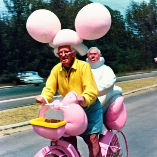 Image similar to a martin parr photo of a grandpa couple, wearing michelin man white body costumes, going super fast on a pink pig, 1 9 7 0 s kodachrome colour photo, flash on camera,