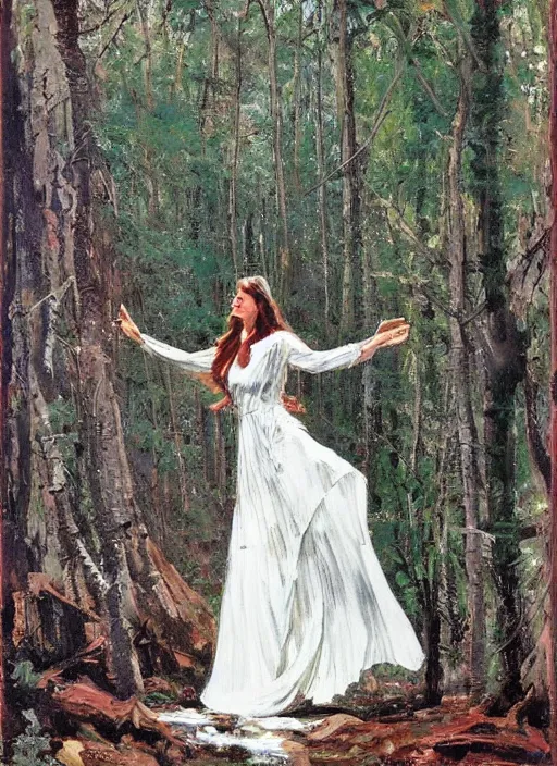 Prompt: a woman with long flowing hair and a flowing white dress in a forest by robert mccall