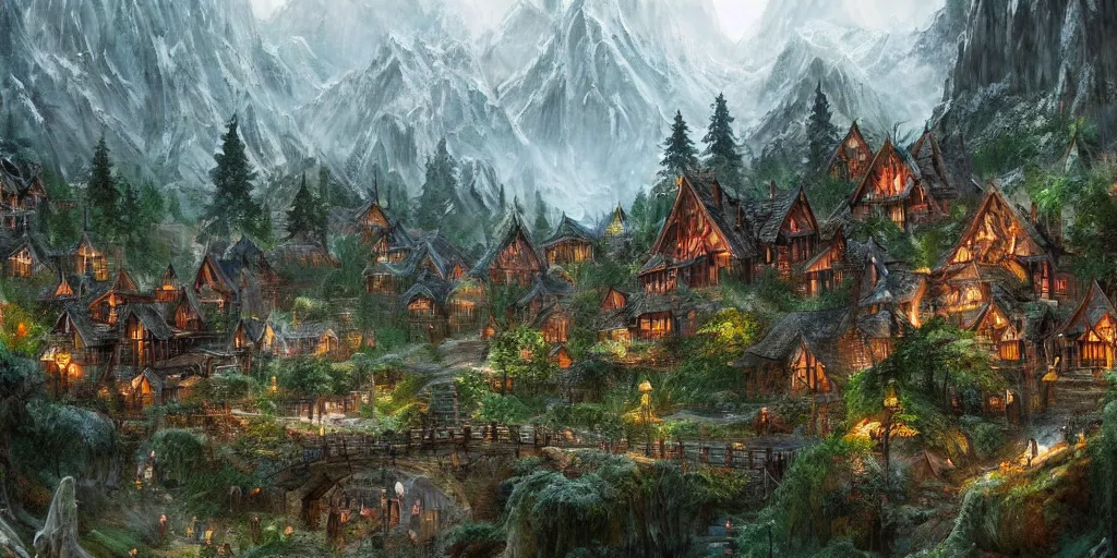 Image similar to elvish village. rivendell. mountains. beautiful forest. concept art. epic. cinematic. artstation.