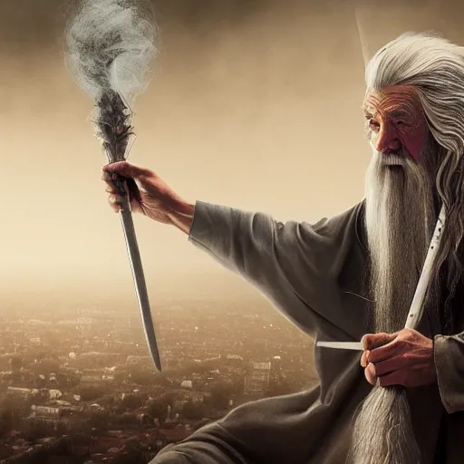 Image similar to gandalf attacks the white house, high detail shot, smoking, render, cgsociety, photorealism