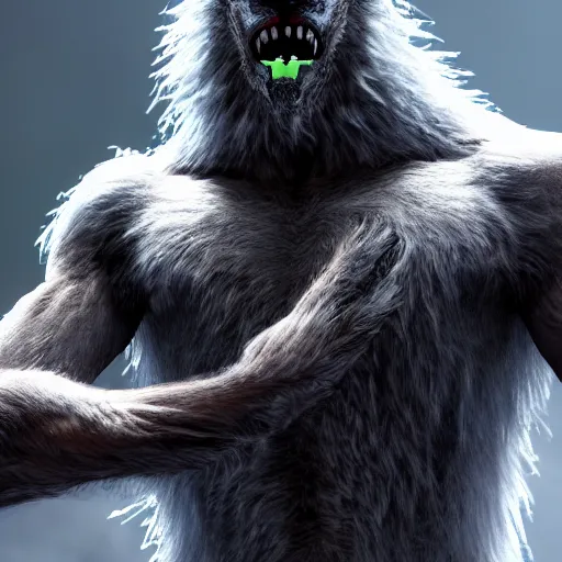 Image similar to man transforming into a werewolf at night with black soft realistic fur, ultra detail, unreal engine, 8 k