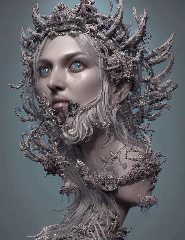 Prompt: symmetrical, centered, zbrush sculpt of goddess close-up portrait wigh crown made of skulls. phoenix betta fish, phoenix, bioluminiscent creature, super intricate ornaments artwork by Tooth Wu and wlop and beeple and greg rutkowski