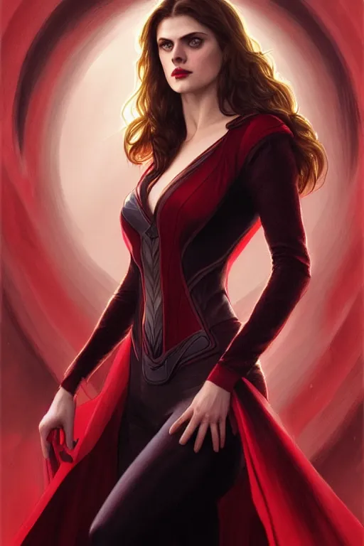 Image similar to alexandra daddario as scarlett witch, realistic portrait, symmetrical, highly detailed, digital painting, artstation, concept art, smooth, sharp focus, illustration, cinematic lighting, art by artgerm and greg rutkowski and alphonse mucha