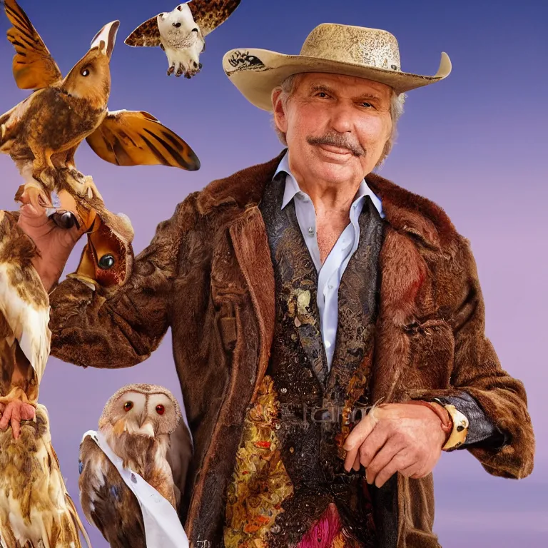 Image similar to high fashion photoshoot octane render portrait by wayne barlow and carlo crivelli and glenn fabry, a distinguished old cowboy wearing a colorful wes anderson designed cowboy costume and holding a barn owl inside a high - end exotic colorful pastel vintage boutique hotel lounge, very short depth of field, bokeh