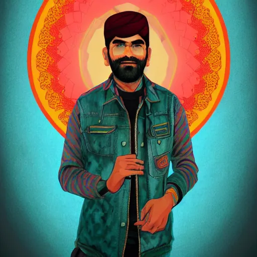 Image similar to portrait of a pakistani - american man, an ultrafine detailed illustration by james jean, intricate linework, bright colors, final fantasy, behance contest winner, vanitas, angular, altermodern, unreal engine 5 highly rendered, global illumination, radiant light, detailed and intricate environment