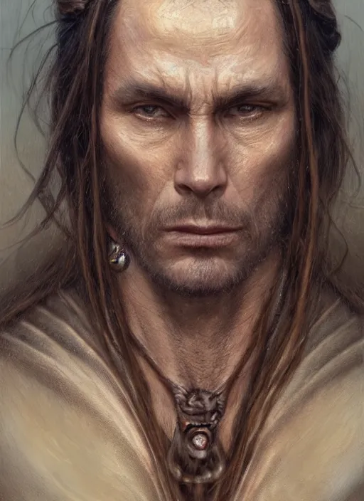 Image similar to a shaman in his late twenties with long light brown hair tied back, a large forehead, a widows peak and a round face with high cheekbones as a realistic d & d fantasy character, portrait art by donato giancola and greg rutkowski, vintage retro, realistic face, digital art, trending on artstation