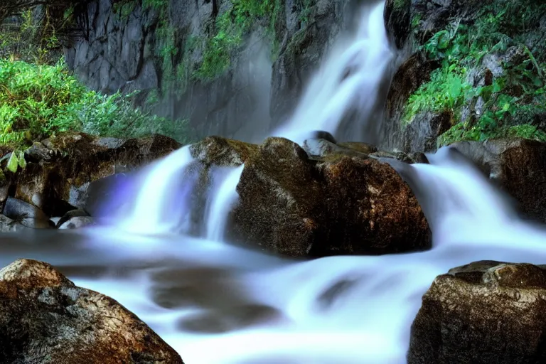 Image similar to A waterfall with glowing purple water. Cinematic lighting. Photorealism.