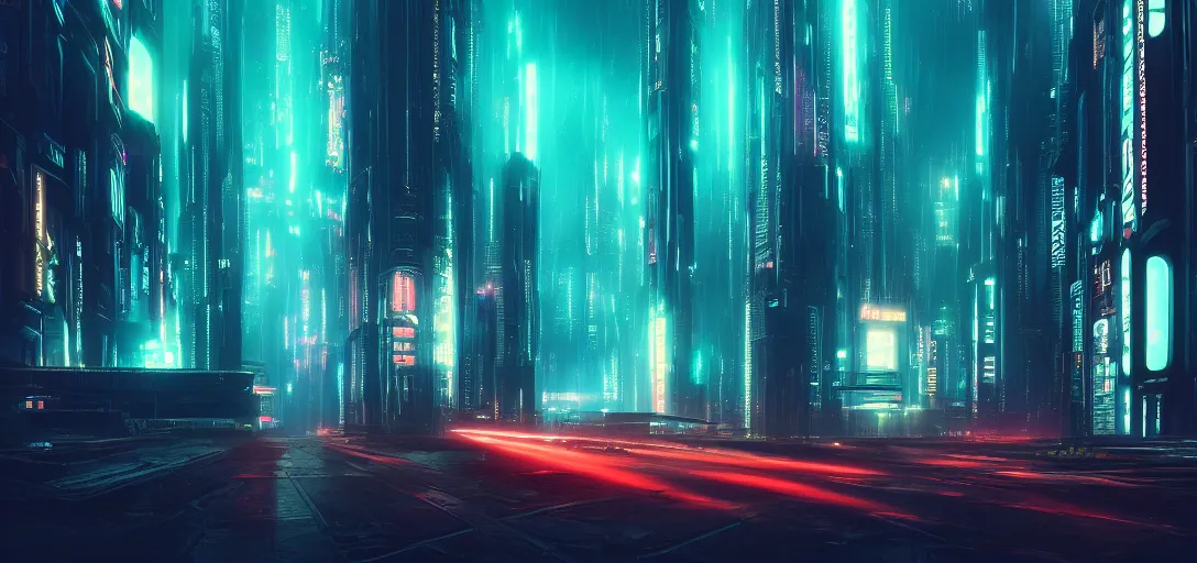 Prompt: view from the ground of a futuristic blade runner cyberpunk city, neon, horizon, fog, light rays, symmetry, cinematic lighting, ultra detailed, sharp, ambient occlusion, bloom, raytracing, by greg rutowski, paul chadeisson and jessica rossier