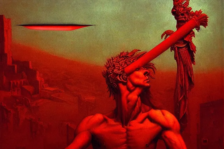 Image similar to only with red, a red melted apollo with a laurel wreath and a flaming sword announce the win, athens in the background, in the style of beksinski, part by hopper, part by rodcenko, part by hofbauer, intricate composition, red by caravaggio, insanely quality, highly detailed, masterpiece, red light, artstation