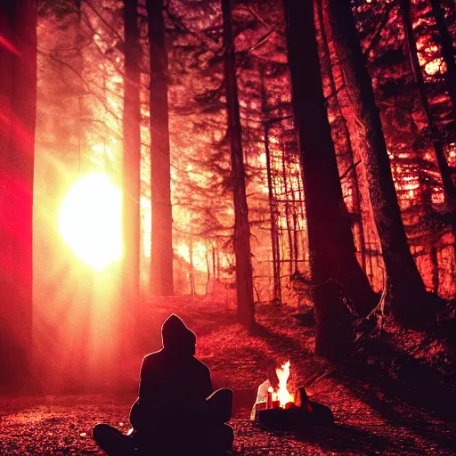 Prompt: A photo of a man in a dark red hoodie sitting next to a campfire in a dark red forest, red sun in the background