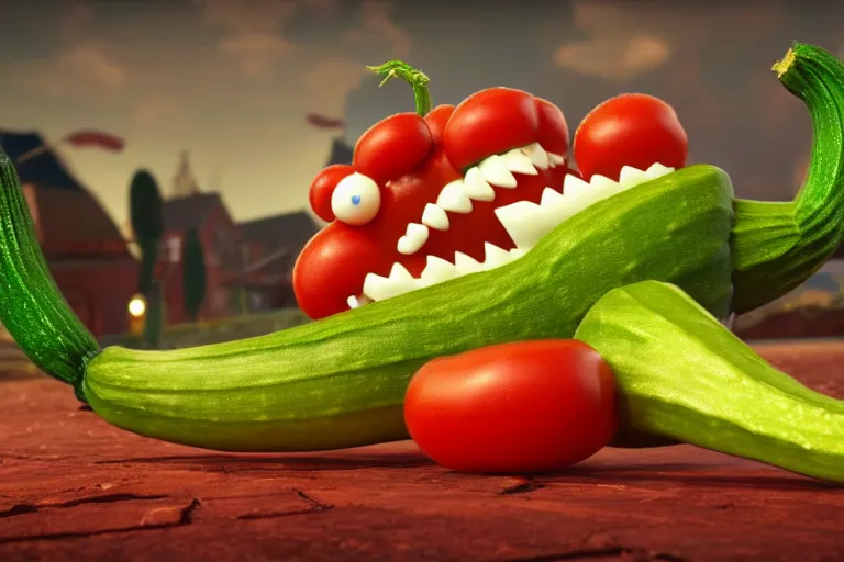 Image similar to detailed 3 d render of a mad zucchini with a bloody sword in his hand, running down a winded road chasing after a group of scared tomatoes, hyper realistic octane render, dramatic lighting, high speed chase, wide angle, nightmare, surrealism, pixar, disney, cartoon