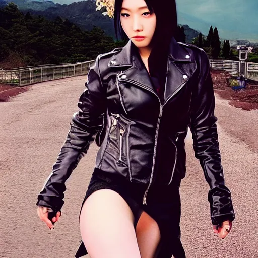 Image similar to a dynamic, epic cinematic 8K HD movie shot of a japanese beautiful cute young J-Pop idol actress yakuza rock star girl wearing leather jacket, miniskirt, nylon tights, high heels boots, gloves and jewelry. Motion, VFX, Inspirational arthouse, at Behance, with Instagram filters